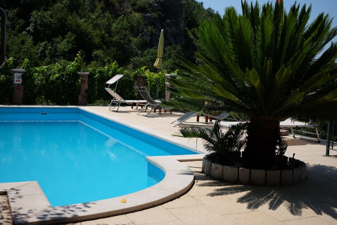 Luxury hotel swimming pool surrounded by palm trees